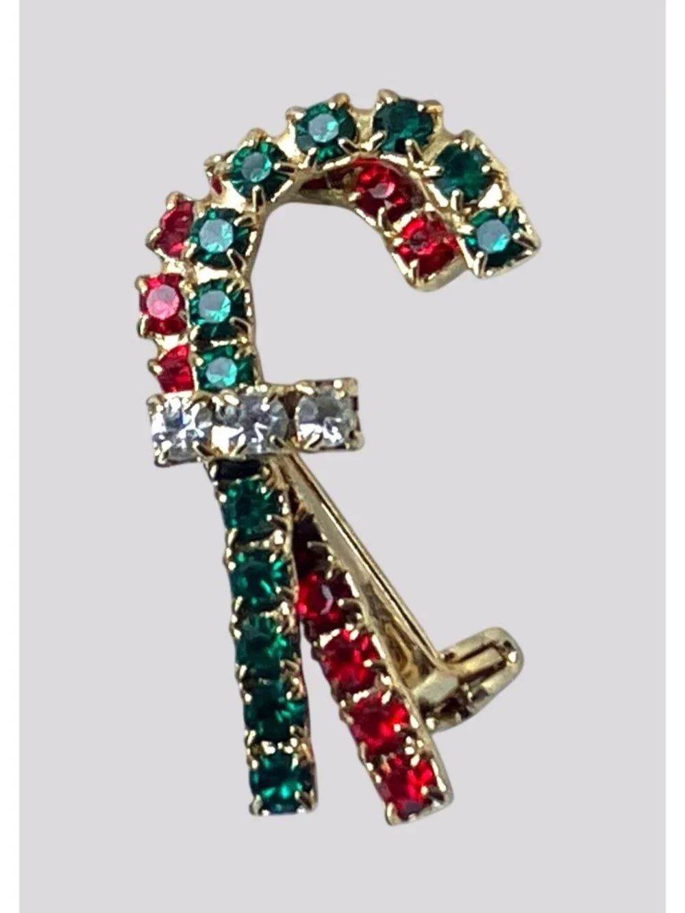 Vintage Gold Tone Rhinestone Candy Cane Brooch Pin Red Green and Clear Stones